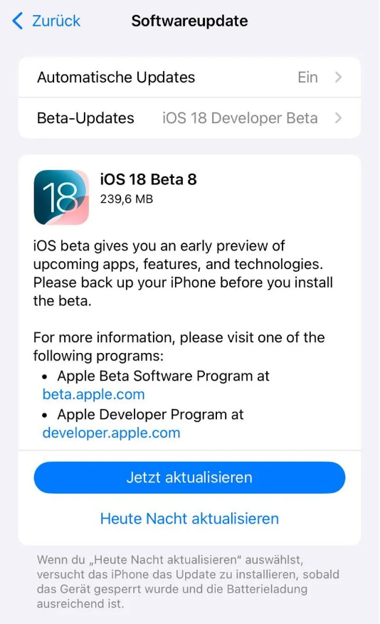 察隅苹果手机维修分享苹果 iOS / iPadOS 18 开发者预览版 Beta 8 发布 